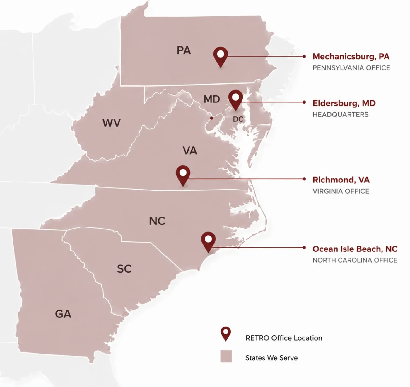 Map of the states RETRO serves: Pennsylvania, Maryland, DC, West Virginia, Virginia, North Carolina, South Carolina, and Georgia, with offices in Mechanicsburg, PA; Eldersburg, MD (headquarters); Richmond, VA; and Ocean Isle Beach, NC